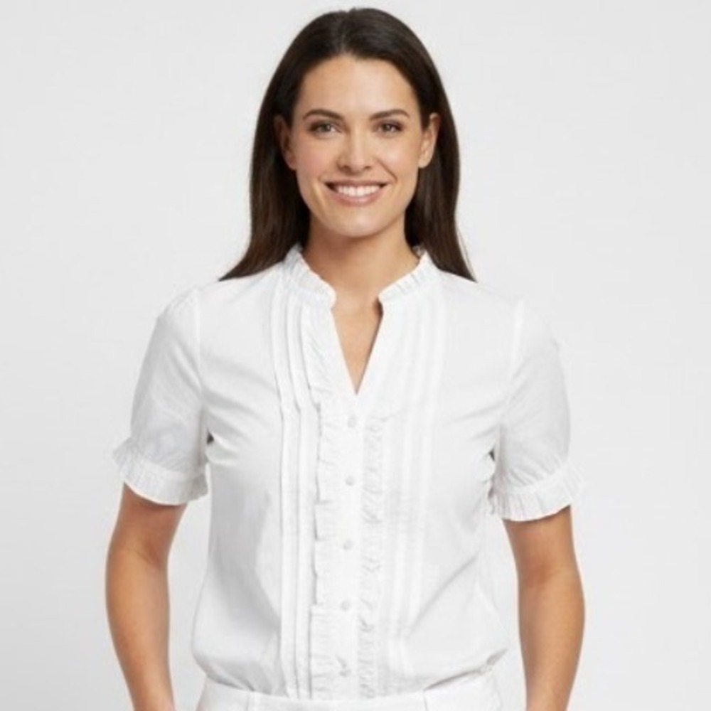 Style Co Petite Women 14P White Ruffle Button Shirt Blouse‎ Y2K Coquette Classic